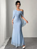 Elegant Diagonal collar One-Shoulder Corsage Mesh Cape Ultra Long Maxi Dress