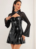 Elegant synthetic fiber O-Neck through mesh sequin mini dresses