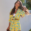 Casual Slim Fit Linen Print Knot Decoration Top And Shorts 2 Pieces Set