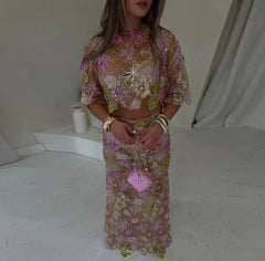 Embroidery Sequin Short Sleeve Shirt Crop Top Skirts Set