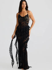 Elegant Backless Sheer Lace Halter Spaghetti Strap Ribbon Dress