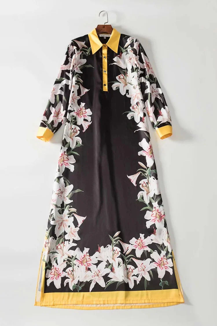 lily Flower Printed Robe Long Sleeve Vintage Maxi Dress