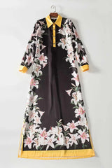 lily Flower Printed Robe Long Sleeve Vintage Maxi Dress