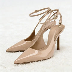Nude Patent Leather Ankle Strap Buckle Pumps Pointed Toe Stiletto Heel