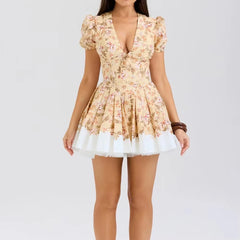Casual V-Neck Flower Print Wide Bottom Slim Short Dress