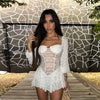 Elegant Splice Sweet Slim Pleated Bows Lace Stapless Long Sleeve Mini  Dress