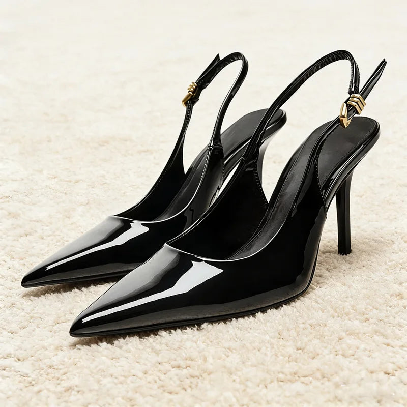 Metal Buckle Straps Patent Leather High Heel