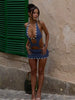 Trendy Pullover Spaghetti Strap Hollow Backless Pearl Hem Mini Dress