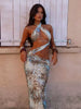 Irregular Ruched Gradient Print Halter Backless Sleeveless Slim Vacation Clubwear Vestidos Dress