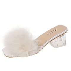 Slippers Open Toe Plush Fox Fur Chunky with Flip Flops Home Banquet Square Toe Simple Pumps