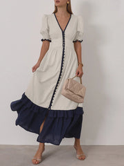 Casual Linen Short Sleeve V-Neck Ankle-Length Maxi Dress