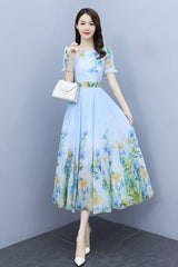 Slim Floral Puff Sleeve O-neck Thin Chiffon Dresses