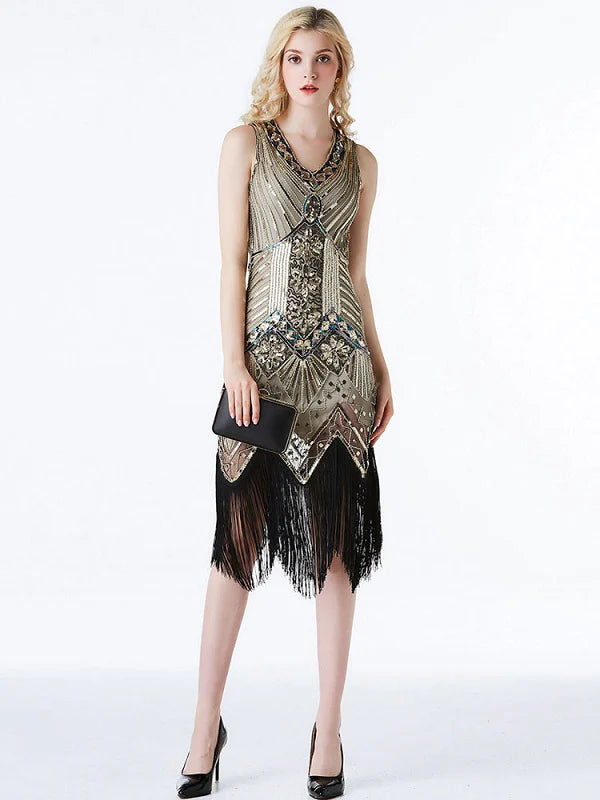 Style Sequined V Neck Fringe Party Outfits Dress