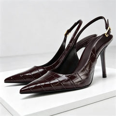Pointed Toe Embossed Top Leather Thin High Heel