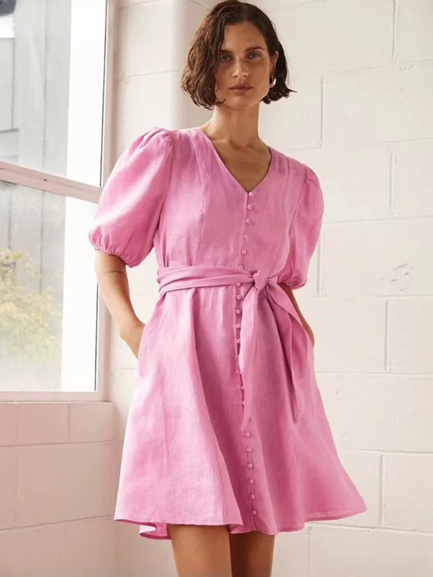 Elegant A-LINE Lace-Up Classic V-Neck Short Sleeve Mini Dresses