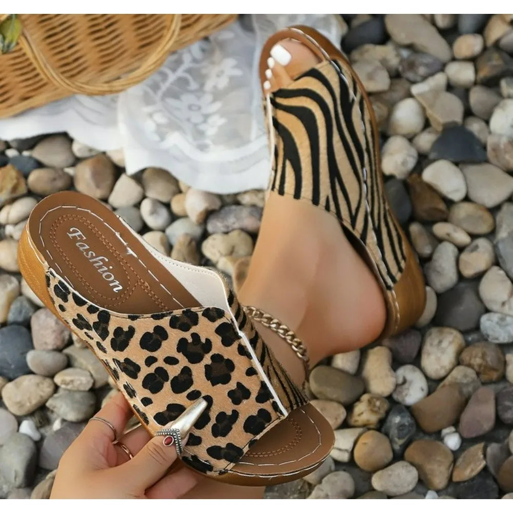 Wedge Sandals Leopard Print Soft-Soled Round-Toe Slippers Platform Sandals Simple Flip-flops Wear Beach Slippers