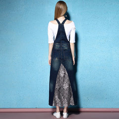 Denim And Gauze Suspenders Beaded Embroidery Dress