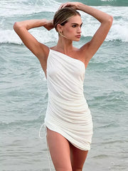 One Shoulder Pleated With Drawstring Detail Bodycon Mini Dress