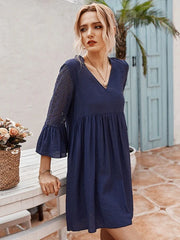 Half Sleeves Casual Lace V Neck Polyester Tunic Shift Dresses