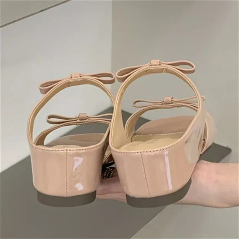 Butterfly-knot Square Toe Slippers Low Heel