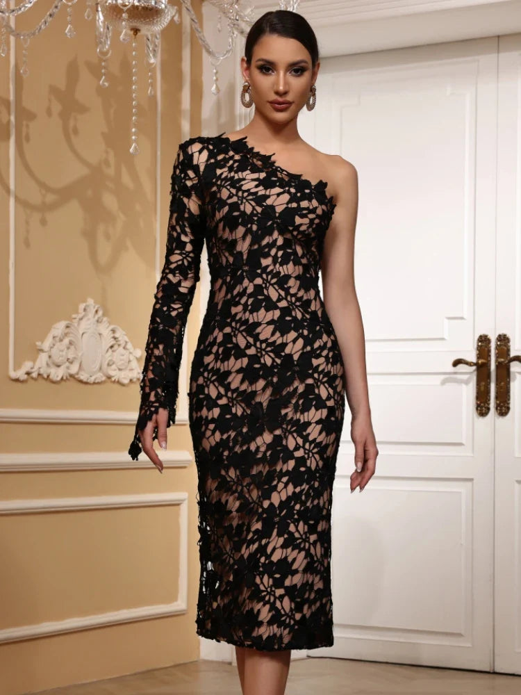 Elegant One Shoulder Long Sleeve Lace Knitted Evening Club Party Midi Bodycon Bandage Dress