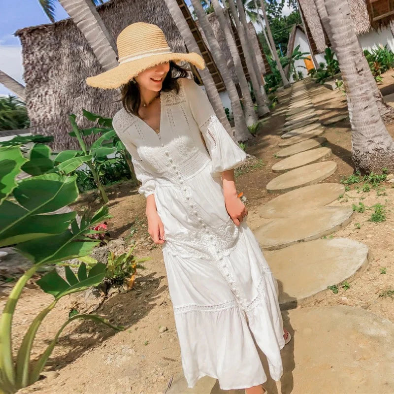 Patchwork Lace V-Neck Lantern Sleeve Maxi Dress