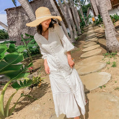 Patchwork Lace V-Neck Lantern Sleeve Maxi Dress