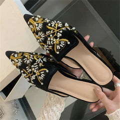 Spring String Bead Embroidery Pointed Toe Slippers Low Heel