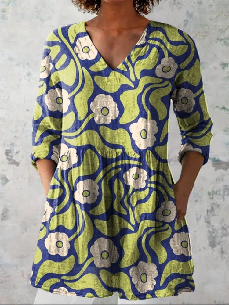 Women's Vintage Lovely Floral Art Print Casual Linen V-neck Shirt）