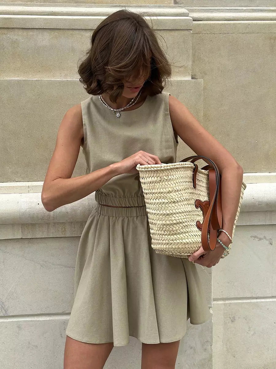 Casual Cotton And Linen Sleeveless Crop Top And Mini Skirt 2 Piece
