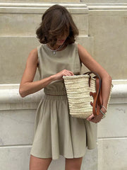 Casual Cotton And Linen Sleeveless Crop Top And Mini Skirt 2 Piece