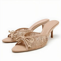 Mesh Rhinestone Bow Decoration Slippers Pointy Toe Peep Toe Slides Sandals Elegant Luxury Designer Heel