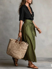 Women's Two-Piece Set: Black Top and Olive Green Midi Skirt