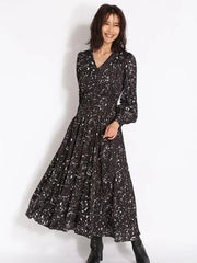 Maxi Dress V-Neck Retro Floral Print Pleated Long Dress