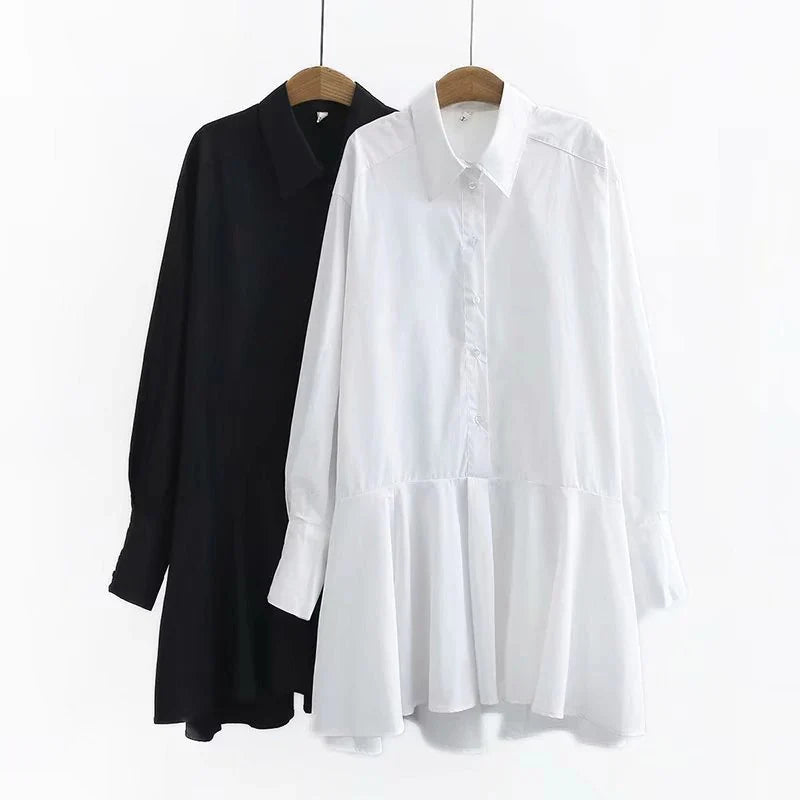 Turn Down Collar Long Sleeve Pleated Mini Dress