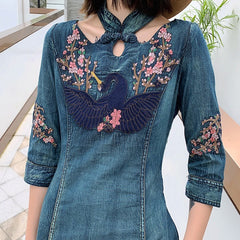 Embroidery Long Mid-Calf Denim Dresses