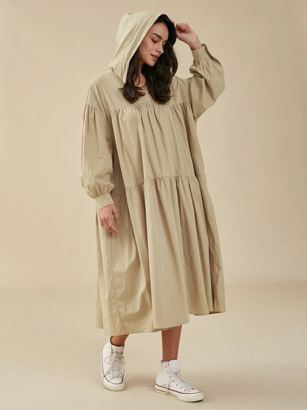 Solid Loose Hooded Pocket Long Sleeve Casual Dress