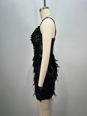 Pearl Beading Feathers Sleeveless V-Neck Nightclub Party Bodycon Mini Dress
