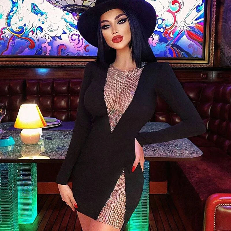 Split Beading V-Neck Nightclub Party Bodycon Mini Dress