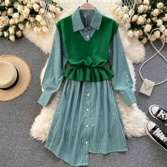 Set Long Sleeve Turn-down Collar Knitting Vest Two Pieces Set