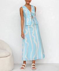 Loose Print Sleeveless Tank Top With High Waist Long Skirt Two Pieces Set
