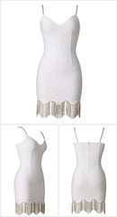 Spaghetti Strap V Neck Mini Bandage Dress Diamonds Tassel Party Dresses