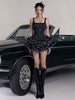 Elegant Sling Square Collar Bow Printed Sleeveless Ruffles A-line Mini Dress