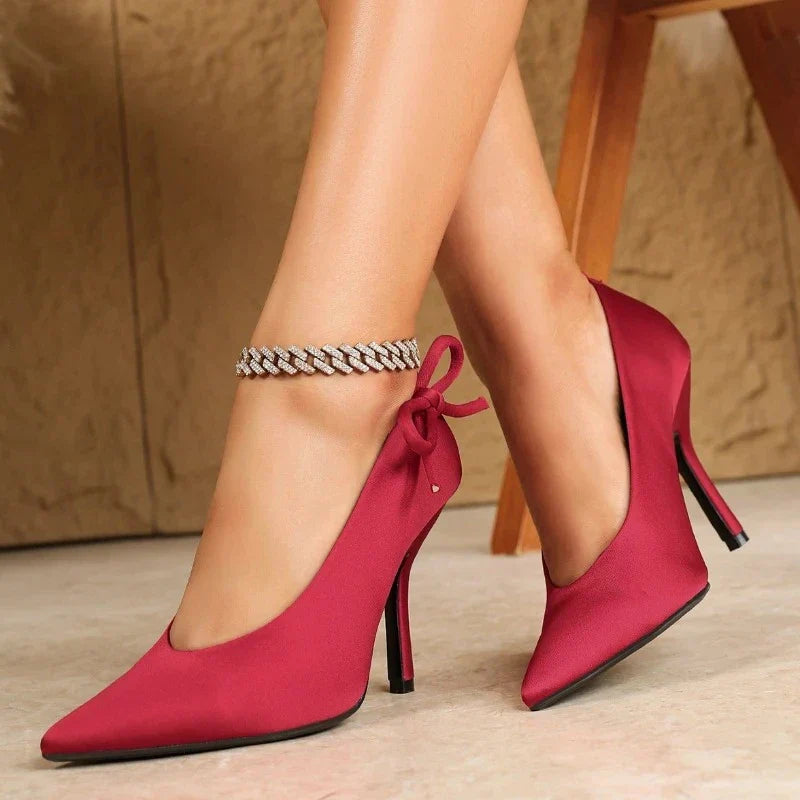 Elegant Red Satin Bow Pumps Pointed Toe Shallow Thin Heel