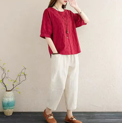 2Pcs Solid Short Sleeve Blouse Pants Office Lady Cotton Linen Set Casual Loose Tops And Trousers Sets