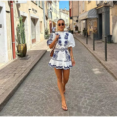 Floral Print Ruffles Mock Neck Puff Half Sleeve Single Breasted  Mini Dress