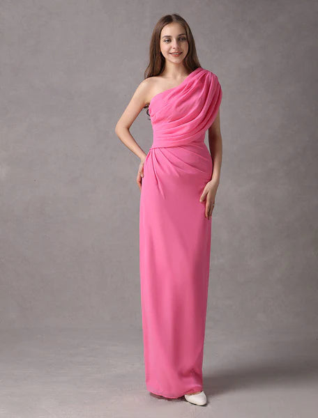 One Shoulder Chiffon Floor Length Bridesmaid Dress
