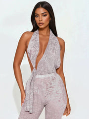 Serpentine Print Hollow Halter Low-Neck Ruched Knot Backless Skinny Peach Buttocks Jumpsuits