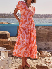 V Neck Floral Print A Line Long Dress