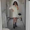 Casual Denim Drawstring Lapel Pockets Half Sleeve Short Mini Dress